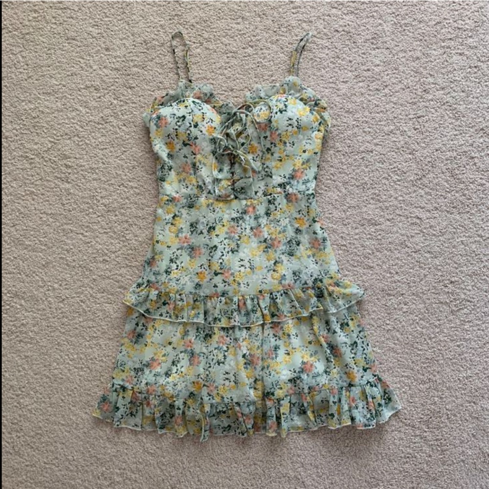 Mint floral lace up dress